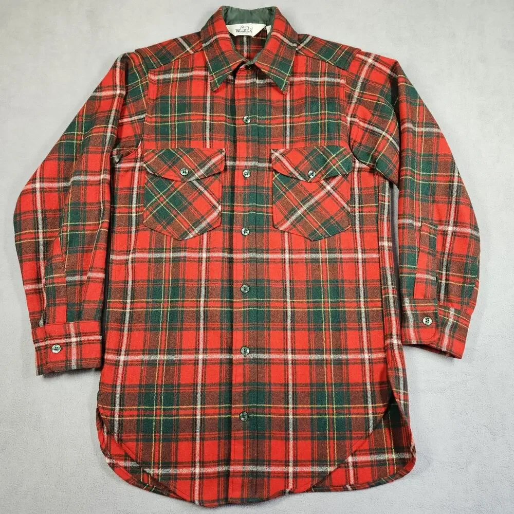Vintage Woolrich Shirt Mens Small Button Down Wool Blend Shacket‎ Red Green USA